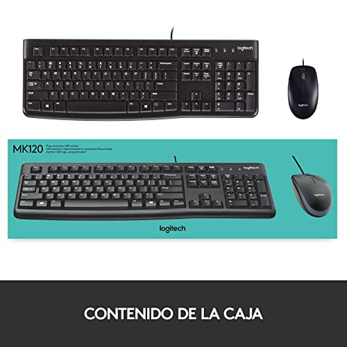 Logitech MK120 Combo Teclado y Mouse con Cable para Windows, Mouse óptico con Cable, Teclado Tamaño Normal, USB Plug-and-Play, Compatible con PC, Laptop - Negro